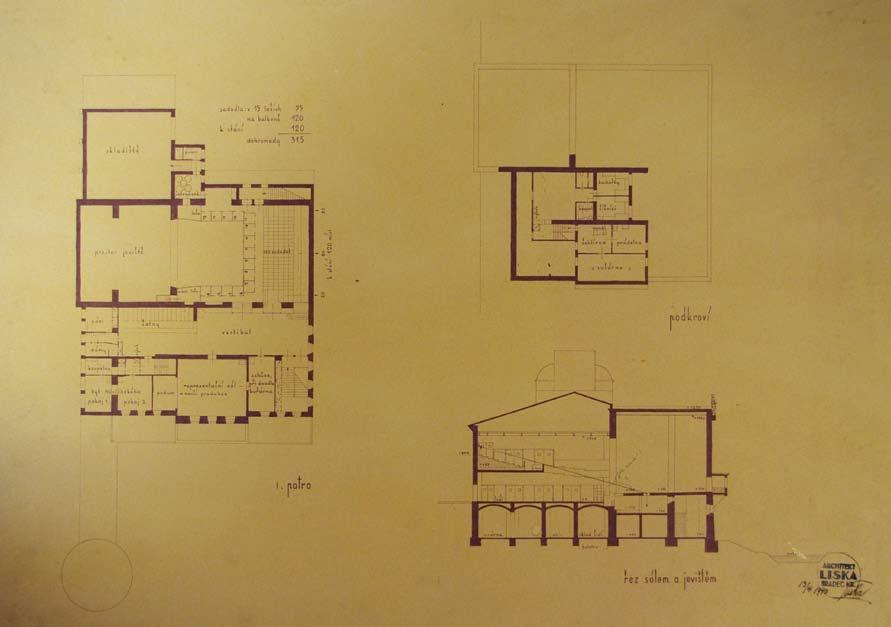 Obr. 45: I. patro, podkroví, řez sálem a jevištěm, Oldřich Liska, 13.