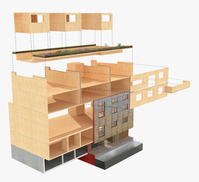 Konstrukční řešení Koncepce budovy může být jak stěnová, tak i sloupová. U stěnové koncepce jsou použity CLT panely na stropy i stěny.