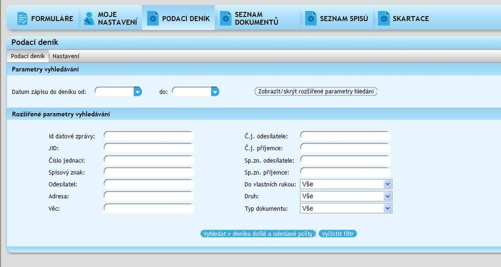 deníku došlé a odeslané pošty - případně může hledat dle přesnějších kritérií klik na Zobrazit/skrýt rozšířené parametry hledání VIII.