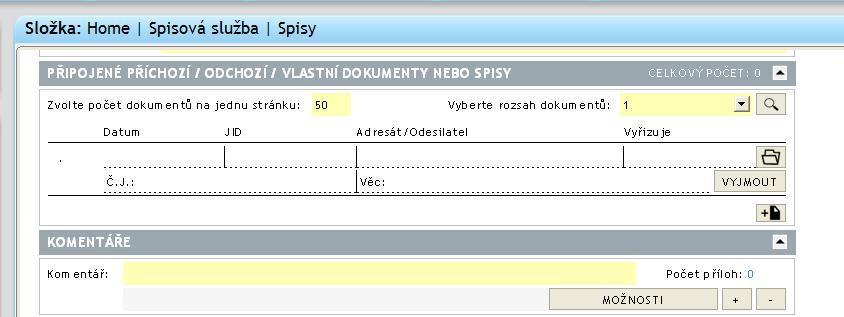 - uživatel klikne na znak pro Hledat - načtou se existující subjekty - uživatel vybere příslušný subjekt - uživatel rovněž může zvolit Spis bez přiřazeného subjektu 3.