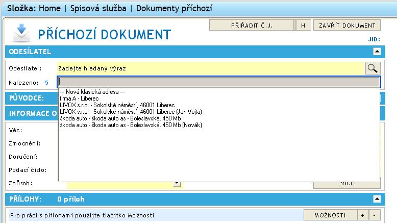 2. Odesilatel: V této části uživatel vyplní data subjektu, který dokument zasílá.