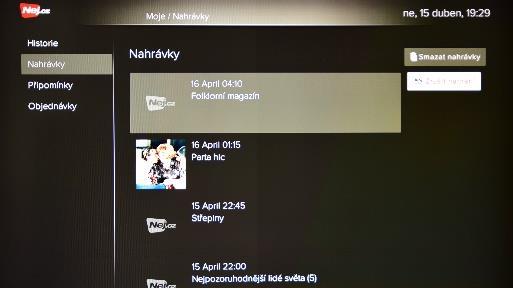 Zrušení / odstranění záznamu: Automatické odstraňování nahrávek je nastaveno dle podmínek Vámi zvoleného tarifu pro TV archiv viz nabídka služeb Vašeho operátora.