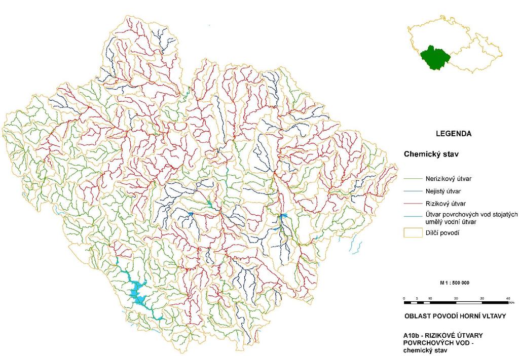 Mapa č. 3 Rizikové útvary povrchových vod z hlediska chemického stavu Mapa č.