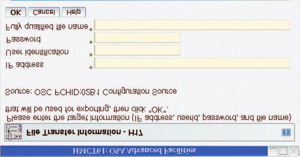 Figure 28. Export source file via FTP panel 2. Type in the IP address, user identification, password, and fully qualified file name to be given to the exported configuration file and click OK.