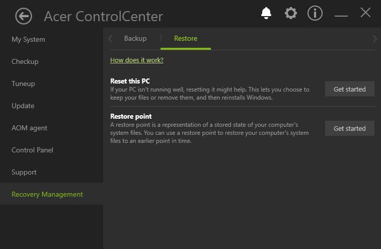 Obnovení - 27 Resetování tohoto počítače a odstranění všeho 1. V nabídce [Start] (Start) vyberte [Všechny aplikace] (All apps) potom Acer. Vyberte Acer Recovery Management v seznamu aplikací Acer. 2. Vyberte kartu [Restore] (Obnovit) a klikněte na možnost [Get Started] (Začínáme), abyste mohli [Choose an option] (Zvolit možnost).