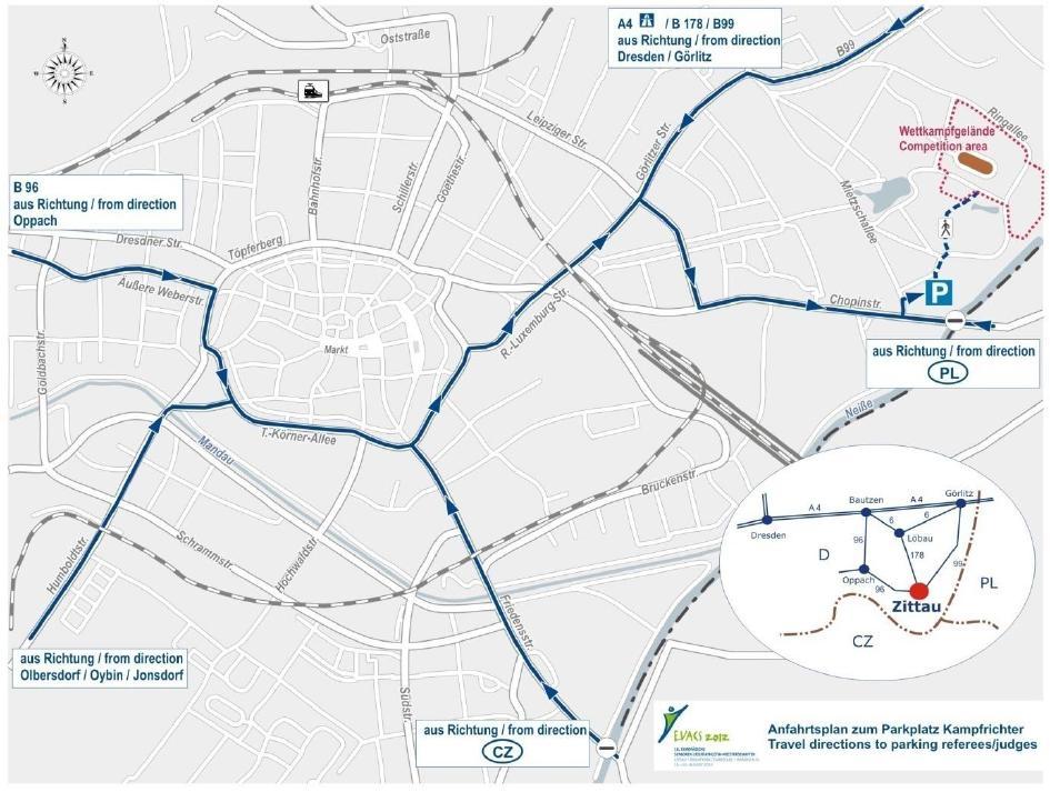 PŘÍJEZD A PARKOVIŠTĚ příjezd přes B178/B96/B99 - Leipziger Straße - Chopinstraße.