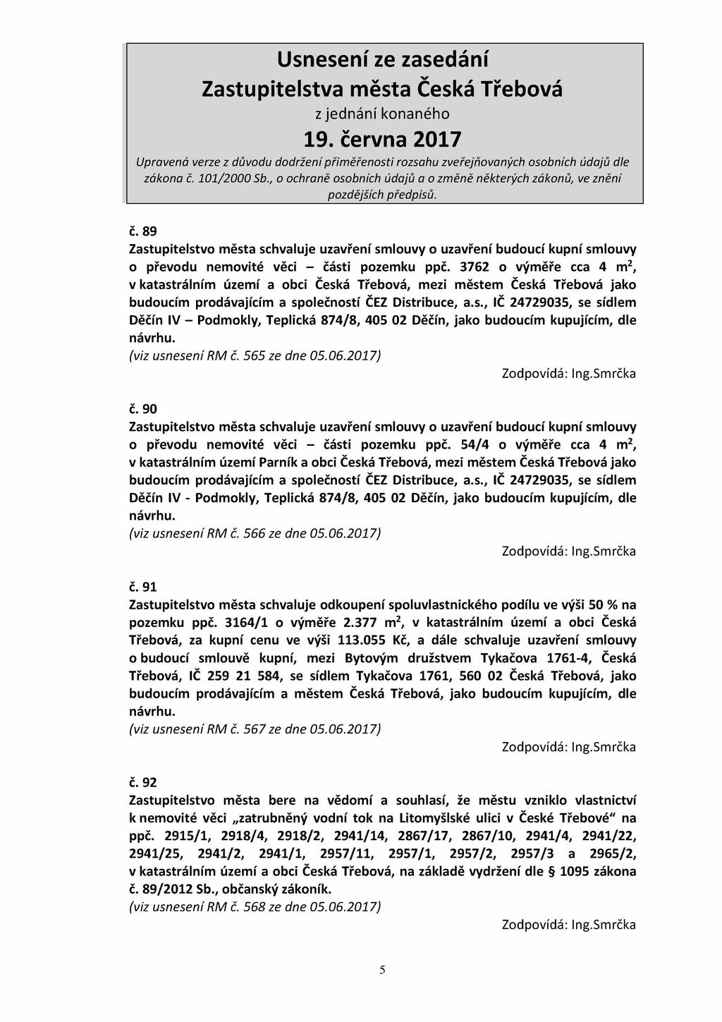 č. 89 Zastupitelstvo města schvaluje uzavření smlouvy o uzavření budoucí kupní smlouvy o převodu nemovité věci - části pozemku ppč.