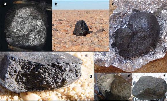 Obr. 28 Makroskopická charakteristika meteoritu Almahata Sitta:(a) Úlomky v meteoritu č. 7(který má průměr 1 cm), viditelné na čerstvém lomu provedeném v laboratoři.(b) Meteorit č.