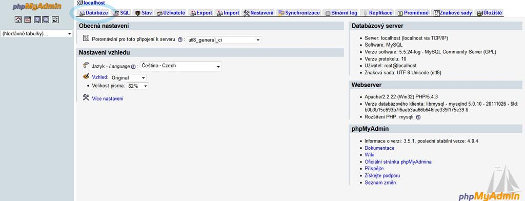 Kliknutím na horní záložku Databáze, vyplnením jména databáze (např. blog ) a porovnávání (např. utf_czech_ci ) vytvoříte databázi.