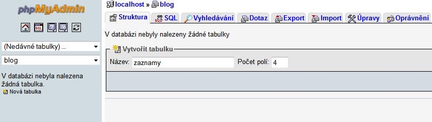 Vybereme databázi v levém sloupci phpmyadminu a v záložce Struktura zapíšeme název nové tabulky a počet sloupců, které využijeme.