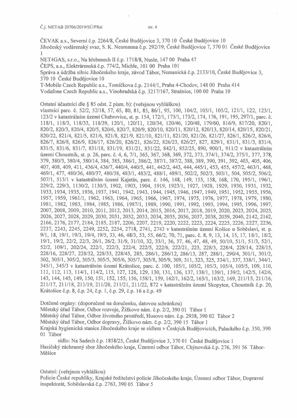 Č.j. METAB 20706/2019/SÚ/PRei str. 4 ČEVAK a.s.. Severní č.p. 2264/8, České Budějovice 3,370 10 České Budějovice 10 Jihočeský vodárenský svaz, S. K. Neumanna č.p. 292/19, České Budějovice 7, 370 01 České Budějovice 1 ' NET4GAS, s.
