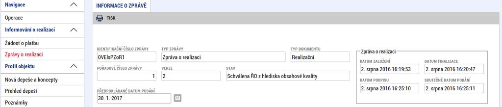 Příjemce si přečte informace o důvodech vrácení na záložce Důvody vrácení, která je k dispozici v levém menu mezi obrazovkami zprávy o realizaci, případně