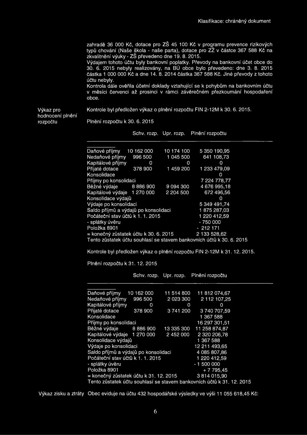 Jiné převody z tohoto účtu nebyly. Kontrola dále ověřila účetní doklady vztahující se k pohybům na bankovním účtu v měsíci červenci až prosinci v rámci závěrečném přezkoumání hospodaření obce.