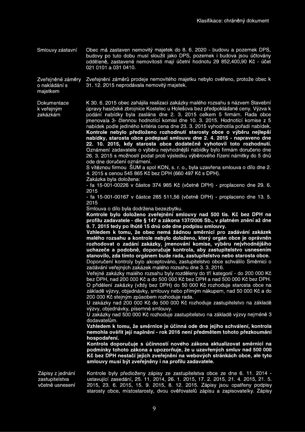 Zveřejnění záměrů prodeje nemovitého majetku nebylo ověřeno, protože obec k 31. 12. 215 neprodávala nemovitý majetek. K 3. 6.