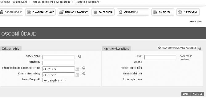 Pokud klient disponuje volným cashflow, zobrazují se další záložky např. doporučení, výstupy z FP, možnost úpravy řešení apod. Zpět do WD se dostanete kliknutím na nadpis Návrat do Webdiáře.