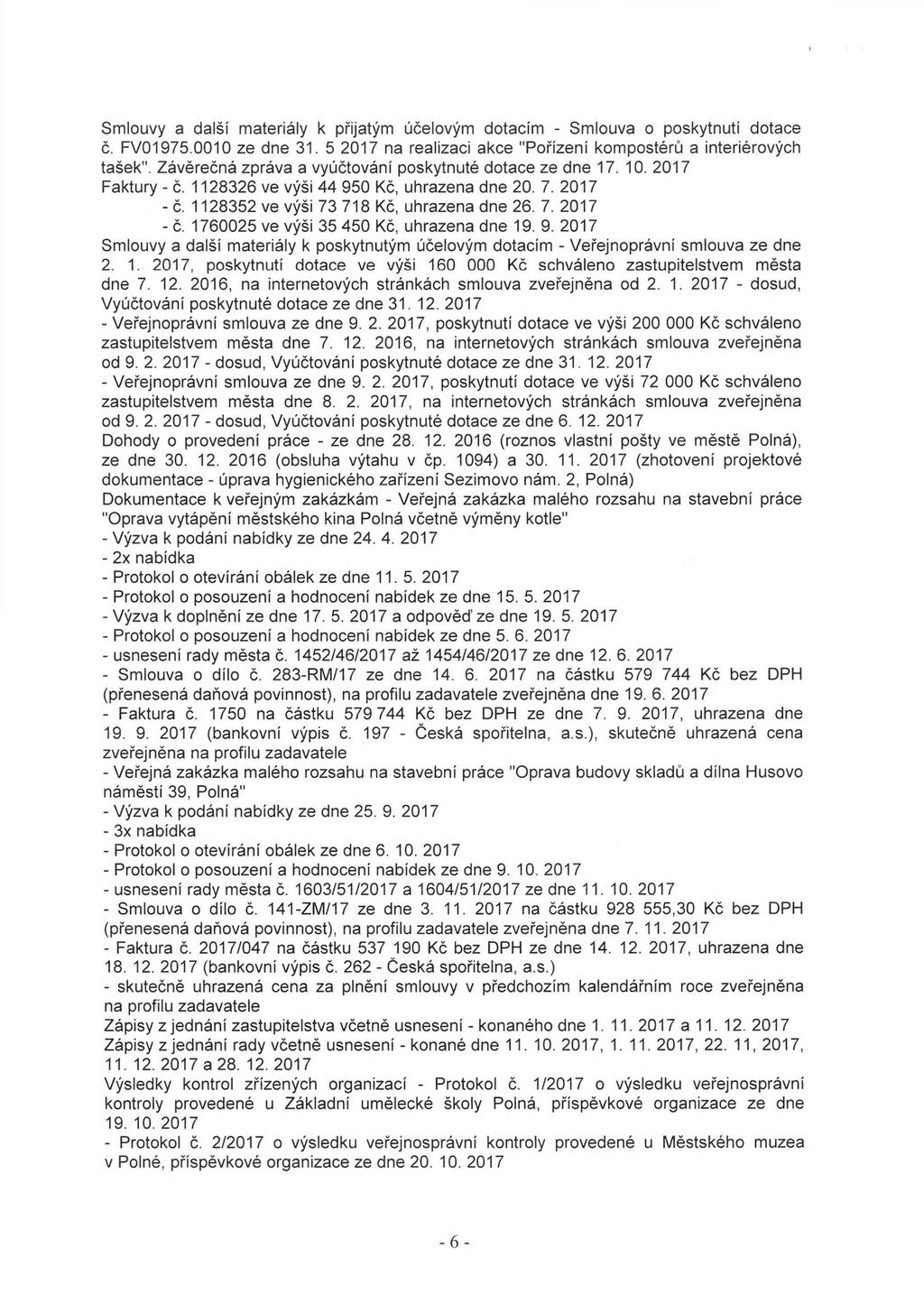 Smlouvy a další materiály k přijatým účelovým dotacím - Smlouva o poskytnutí dotace č. FV01975.0010 ze dne 31. 5 2017 na realizaci akce "Pořízení kompostérů a interiérových tašek".