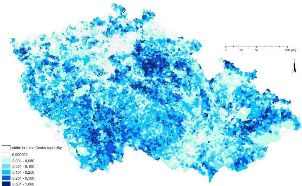 Evidence staveb závlah a odvodnění Mapa ČR členěná podle katastrálních území (k.ú.) s vyjádřením podílu historicky evidovaných ploch závlah a odvodnění k celkové ploše k.ú. Nahoře: index závlahových staveb Dole: index odvodňovacích staveb Pozn.