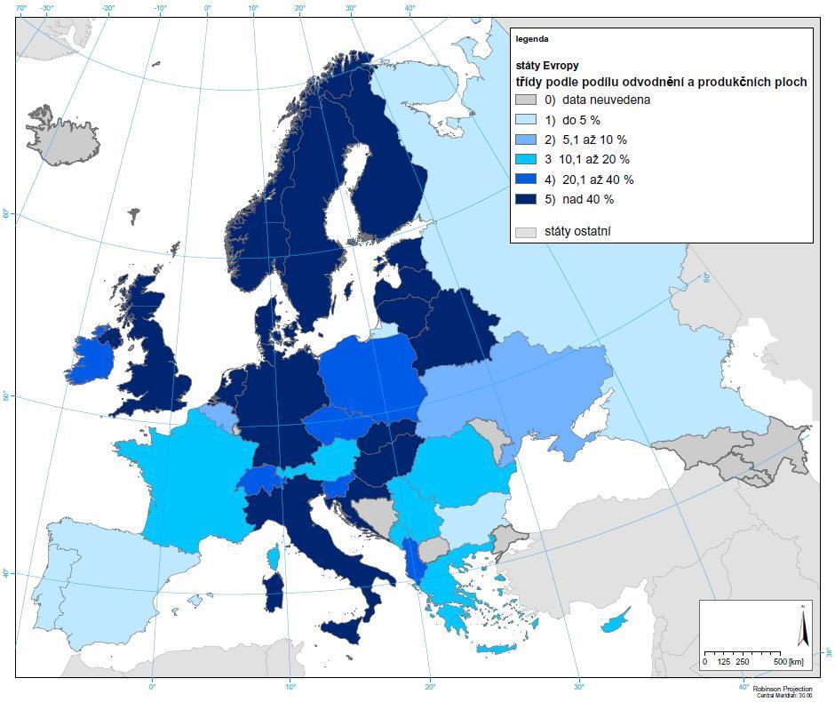 Srovnání s Evropou Vlevo: % plochy odvodnění vztažené k ploše státu Dole: % plochy odvodnění