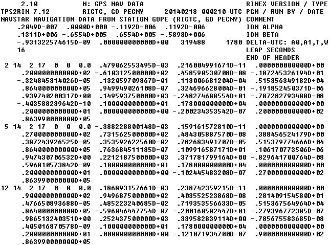 Navigační RINEX - struktura Korekce ionosféry časové parametry efemeridy, korekce hodin a další parametry pro družici systému GPS s PRN kódem 5 platné 17.