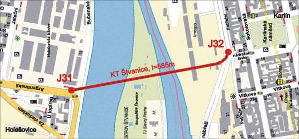 Kabelový tunel Štvanice situace Obecným problémem podzemních staveb jsou hydrogeologické podmínky v trase díla, v tomto případě znásobené těsným propojením díla s vodním tokem.