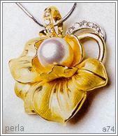 perla - angl. pearl, rozeznává se mořská, pravá a sladkovodní, říční. Složením uhličitan vápenatý (aragonit) a převážně konchiolin, původu živočišného, chem. vz. CaCO 3 C 3 H 18 N 9 O 11.