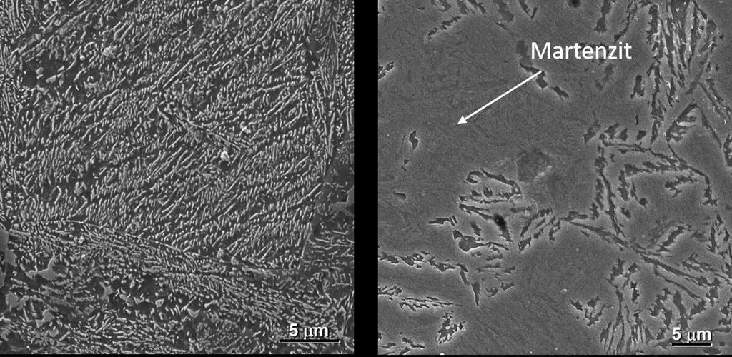 V případě stejných parametrů tepelného zpracování byla u oceli 42SiCr struktura materiálu tvořena jehlicemi bainitického feritu a martenzitu. Podíl bainitické fáze ve struktuře činil 28 % (obr.