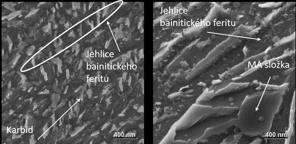 bainitického feritu s precipitáty karbidů, které se převážně vyskytovaly uvnitř jehlic bainitického feritu, předpokládaným důvodem byla pravděpodobně snížená difuzní schopnost (obr. 43 vlevo).