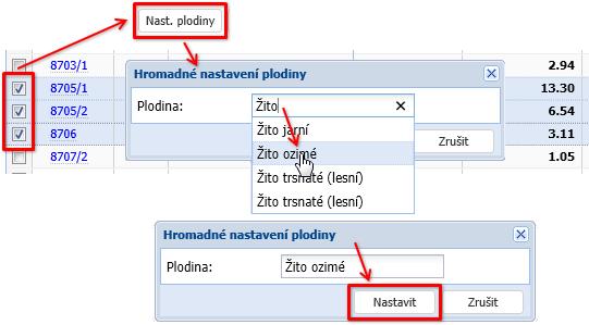 Nast. plodiny umožňuje hromadné zadání plodiny pro vybrané DPB.