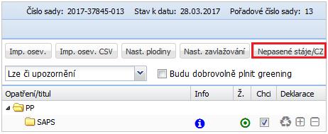 Jednotlivé počty zvířat naleznete v okně Deklarace nepasených stájí, kam se přepnete pomocí tlačítka nad panelem Opatření/titul.