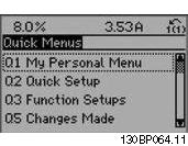 8 Programování měniče kmitočtu Optimální způsob nastavení parametrů pomocí tlačítka [Quick Menu] je následující: 1.