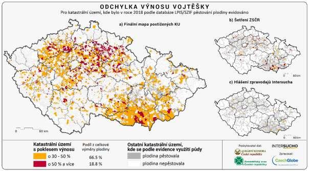 Obr. 4. Odchylka výnosů vojtěšky způsobená suchem v roce 2018 Závěr Výskyt zemědělského sucha pro doložení propadu výnosů TTP, vojtěšky a jetelovin v roce 2018 byl hodnocen pro celou vegetační sezónu.