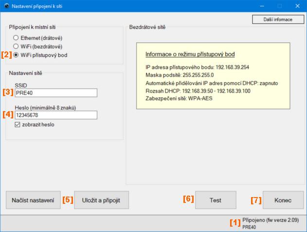 V okně SSID je možné provést změnu názvu vysílané sítě[3]. 6. Zadejte nové heslo pro přístup do sítě [4]. 7. Nová data je nutné do převodníku uložit pomocí tlačátka Uložit a připojit [5]. 8.