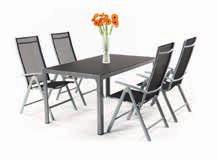 textilenu 1x1 a moderním skleněným stolem. Komponenty: 1x stůl Ryan s tmavým tvrzeným sklem a hliníkovým rámem, 4x hliníková stohovatelná židle Vera Basic s textilenem struktury 1x1.