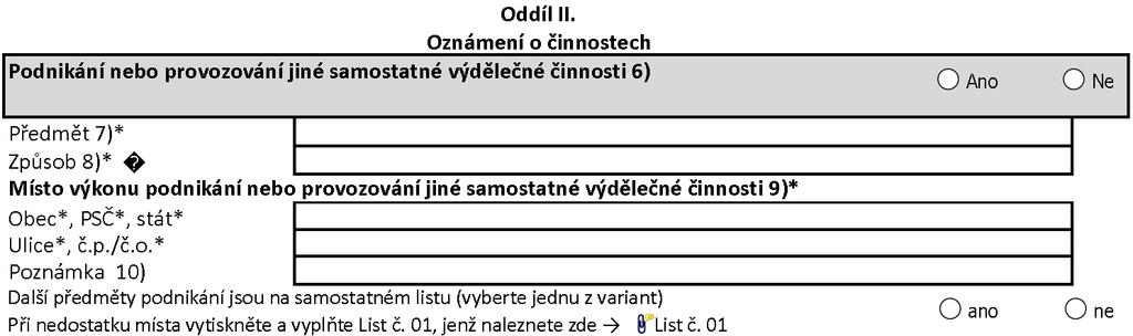 Obrázek č. 2 - Proškrtnutí prázdných částí ve formuláři oznámení ve formátu PDF (klasický tiskopis) Komentáře Oddíl I. Všeobecné údaje k.