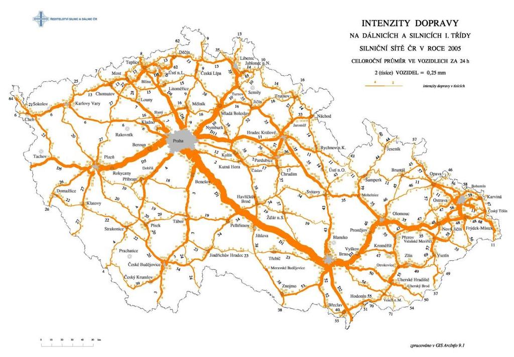 Zdroj: Mapa intenzity dopravy 2005 [online]. Praha: Ředitelství silnic a dálnic ČR, 2010 [cit. 2010-10-25]. Dostupné z WWW: <http://www.rsd.