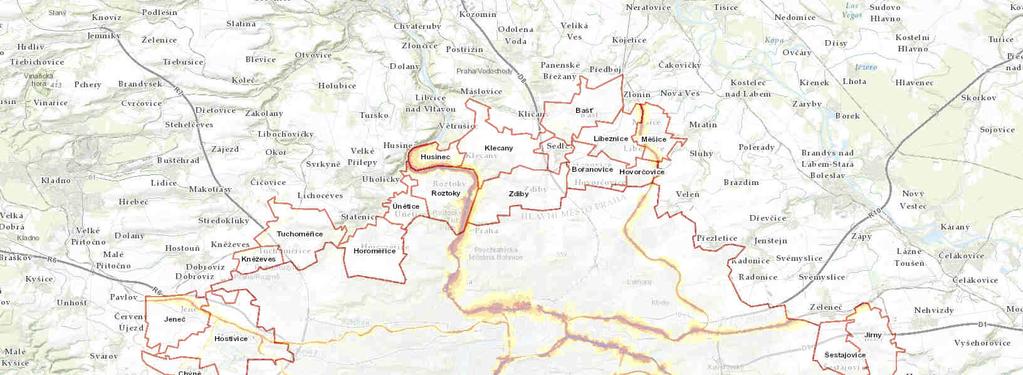 Obrázek 5 - Přehledná mapa Předaných pásem hluku v aglomeraci Praha Souhrnné výsledky SHM za Aglomeraci Praha z hlediska hodnot jednotlivých hlukových ukazatelů jsou uvedeny v následujících tabulkách.