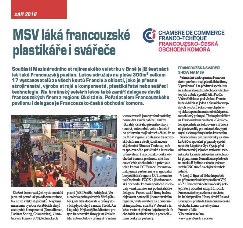 MSV láká francouzské plastikáře i svářeče Le salon MSV attire des plasturgistes et des soudeurs français Datum / Date : 9/ 2018