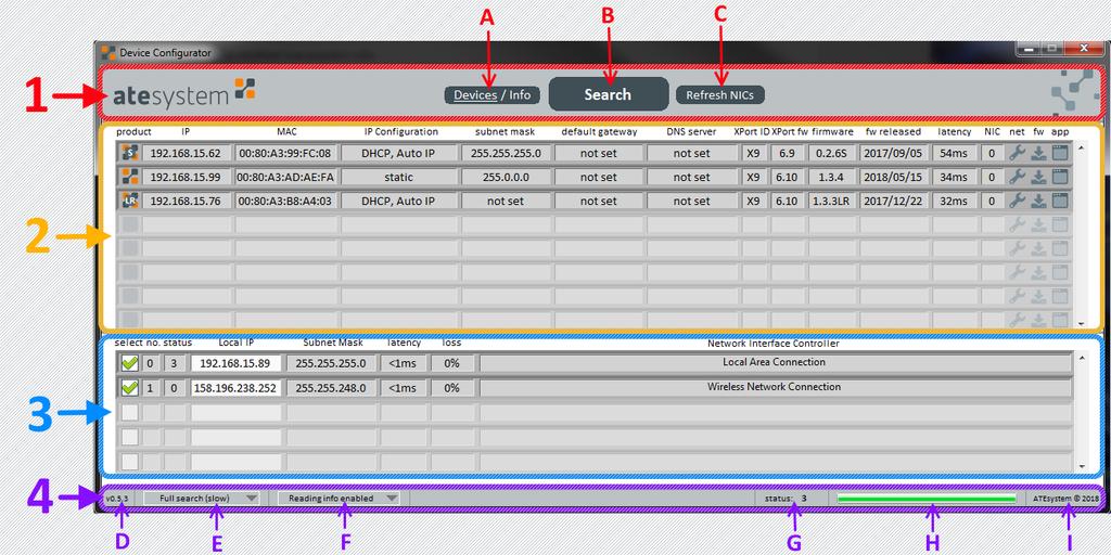 Obr. 1 Rozložení a popis hlavního okna Device Configuratoru 2.1 NETWORKS Okno Networks (blok č. 3, Obr.