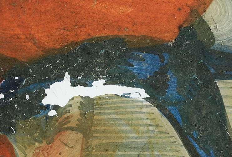 Detail překryvu modré a červené na téže podmalbě.