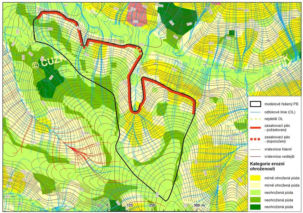 Obrázek 1: Opatření ZO pás založen na spodní hranici PB/DPB 2. Modelový půdní blok 2 průměrná půdního bloku 4,5 o rozloha půdního bloku 49,08 ha. linie je 1073,89 m.