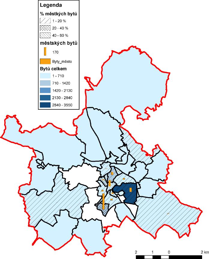 Mapa č. 11 Domy celkem ve vlastnictví obce/státu zdroj: : SLDB, 2011 a město Jindřichův Hradec, 2017Ve Mapa č.
