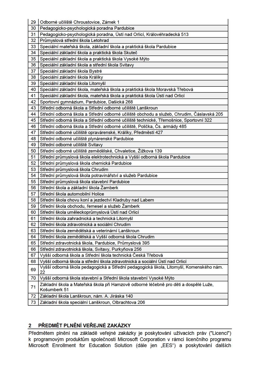 29 Odborné učiliště Chroustovice, Zámek 1 30 Pedagogicko-psychologická poradna Pardubice 31 Pedagogicko-psychologická poradna, Ústí nad Orlicí, Královéhradecká 513 32 Průmyslová střední škola