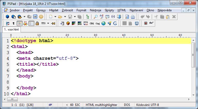 1. Základní kostra HTML dokumentu HTML dokument se skládá z tzv. značek (tagů). Značky zapisujeme mezi znaky < >. Většina značek je párových, což znamená, že značku je třeba ukončit.
