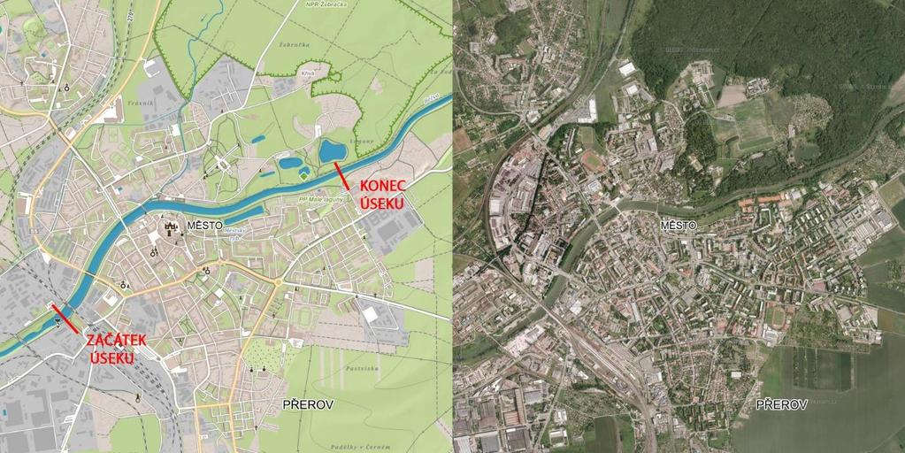 3.1 HYDROLOGICKÁ DATA Obrázek 3.2 Mapa řešeného úseku Hydrologická data (Tabulka 3.1, Tabulka 3.2) vycházejí z evidenčního listu hlásného profilu číslo 330 ČHMU Ostrava a [3].