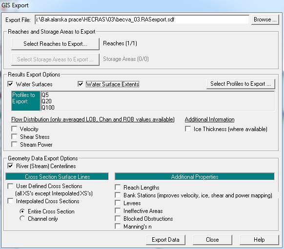 Obrázek 6.8 Export dat z aplikace HEC-RAS Nyní byla vyexportována data z výpočtového programu a budou importována do aplikace Civil3D