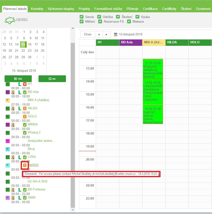 Status přístroje Informace o statusu přístroje s