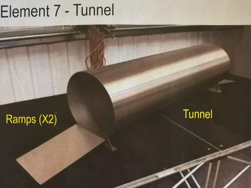 Délka tunelu 100 cm, průměr tunelu 30 cm, výška nejnižší části tunelu nad zemí 2 cm.