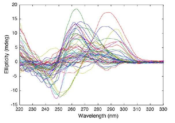 Struktura DNA analýza pomocí CD Ukázky spekter a struktur DNA a oligonukleotidů a) Duplex-dvoušroubovice (antiparalelní, intermolekulární), b)