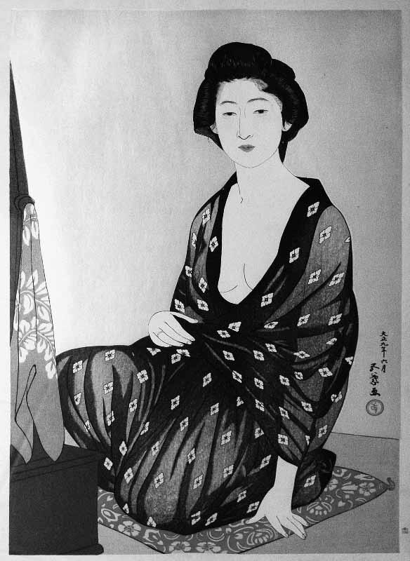 17. Asiatika (808 826) 808. Goyo Hashiguchi (1880 1921) Žena v letním kimonu japonský dřevoryt, 43,5 x 27,5 cm, značeno razítkem, rám 1 ( 440) 809.