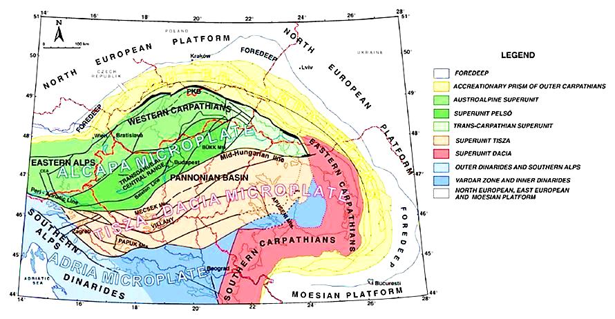 Fig.4 ALCAPA, Tisza Dacia and Adria microplates and their division into geological superunits after KOVÁČ, (2000); in: TAŠÁROVÁ et al.